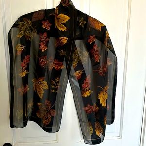Sheer black scarf with autumn leaf print